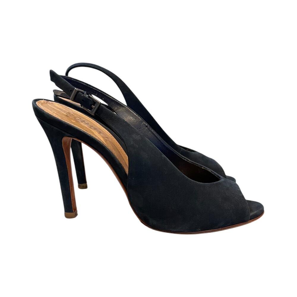Schutz Navy Suede Peep‎ Toe Slingback Heel Size 7 B
